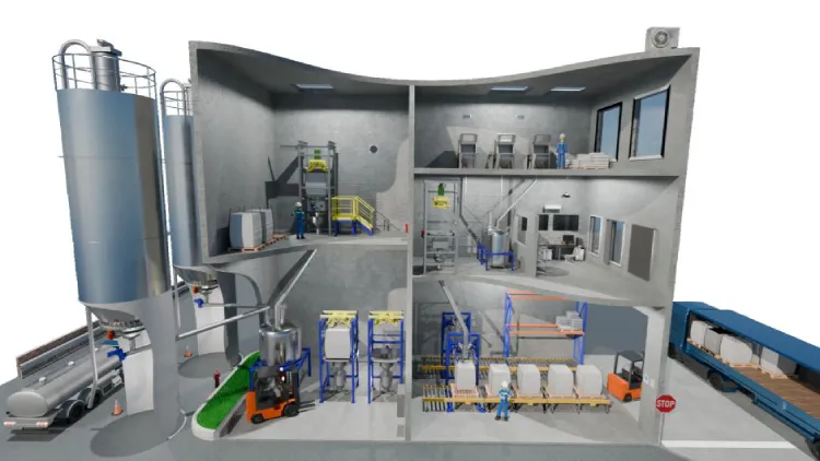 Maquette d'illustration du transfert de poudre dans une unité industrielle