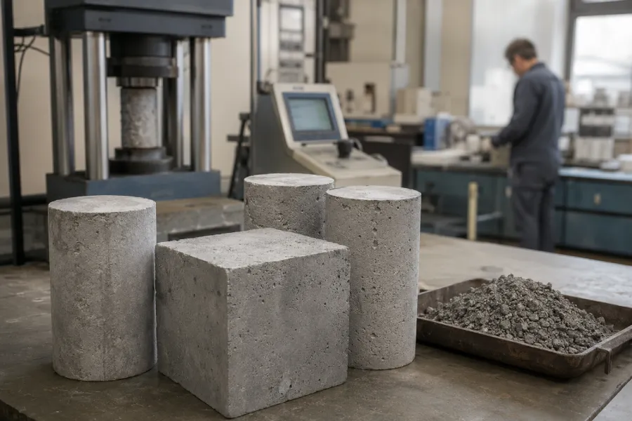 Séance de tests de résistance à la compression d'éprouvettes normalisées de béton