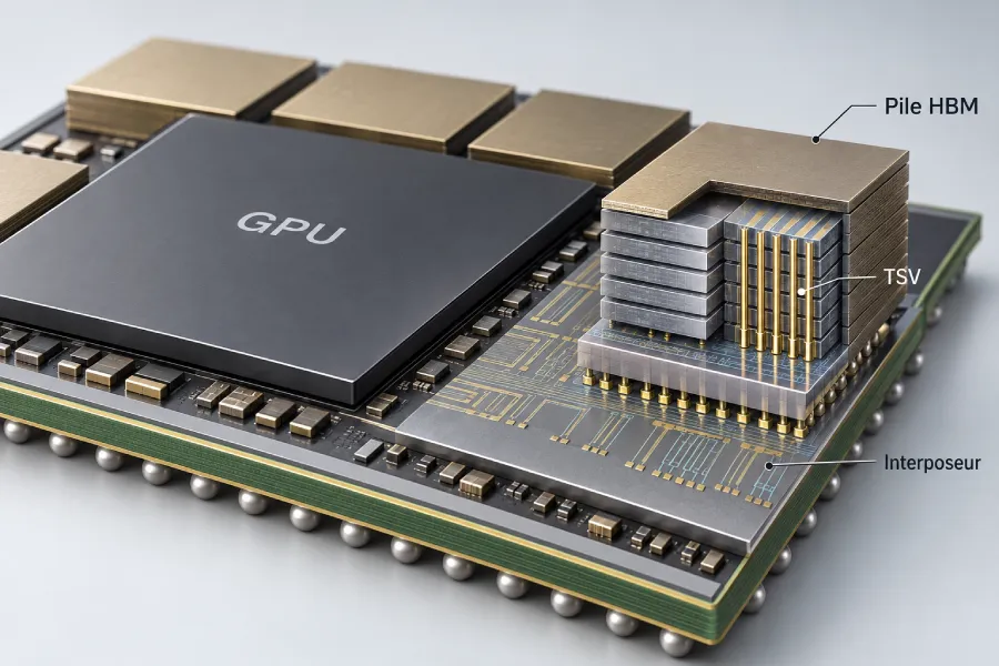 Pile de mémoire HBM intégrée près du GPU avec TSV et interposeur