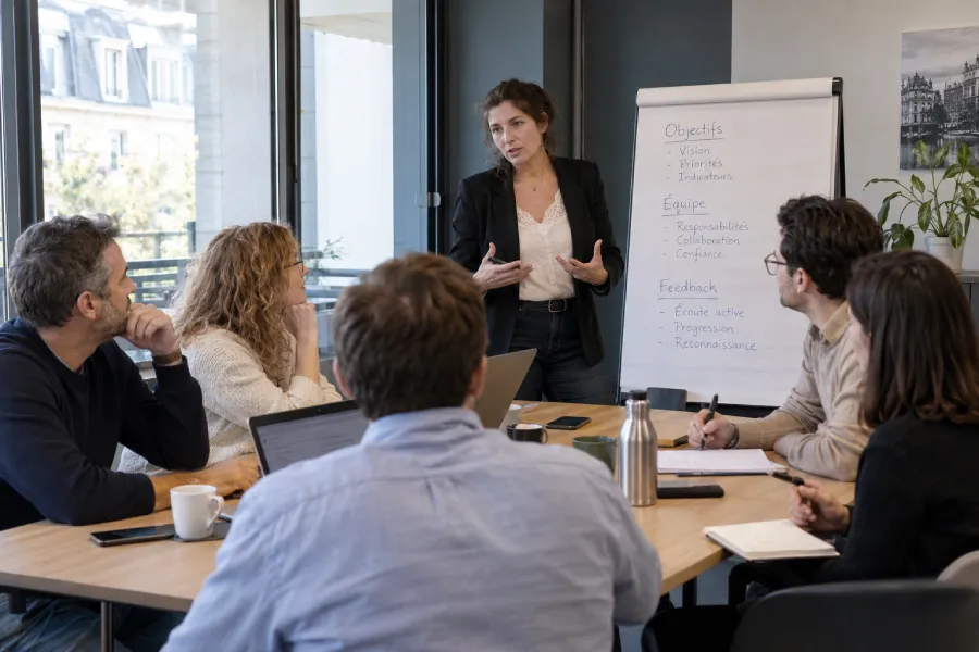 Session de formation au management réunissant plusieurs managers en entreprise